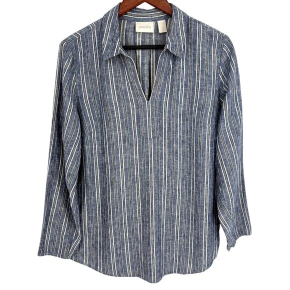 Chico's Tops - Chicos MEDIUM 1 LINEN BLEND Gold Sparkly Blue Blouse Shirt Top Beach Tropical